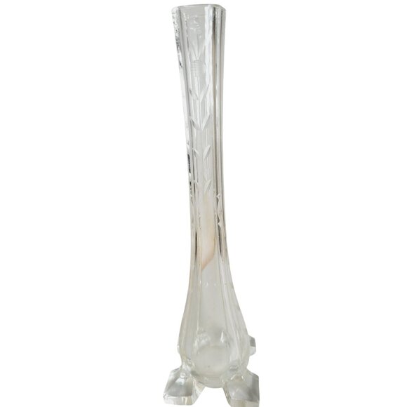 Vintage 1920's Bud Vase Etched Flowers in Clear Glass Footed 9.5" Belgium - Picture 2 of 12